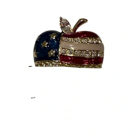 GE Wlind Signed Enamel American Flag Apple Brooch Pin With Rhinestones Vintage - Picture 8 of 14